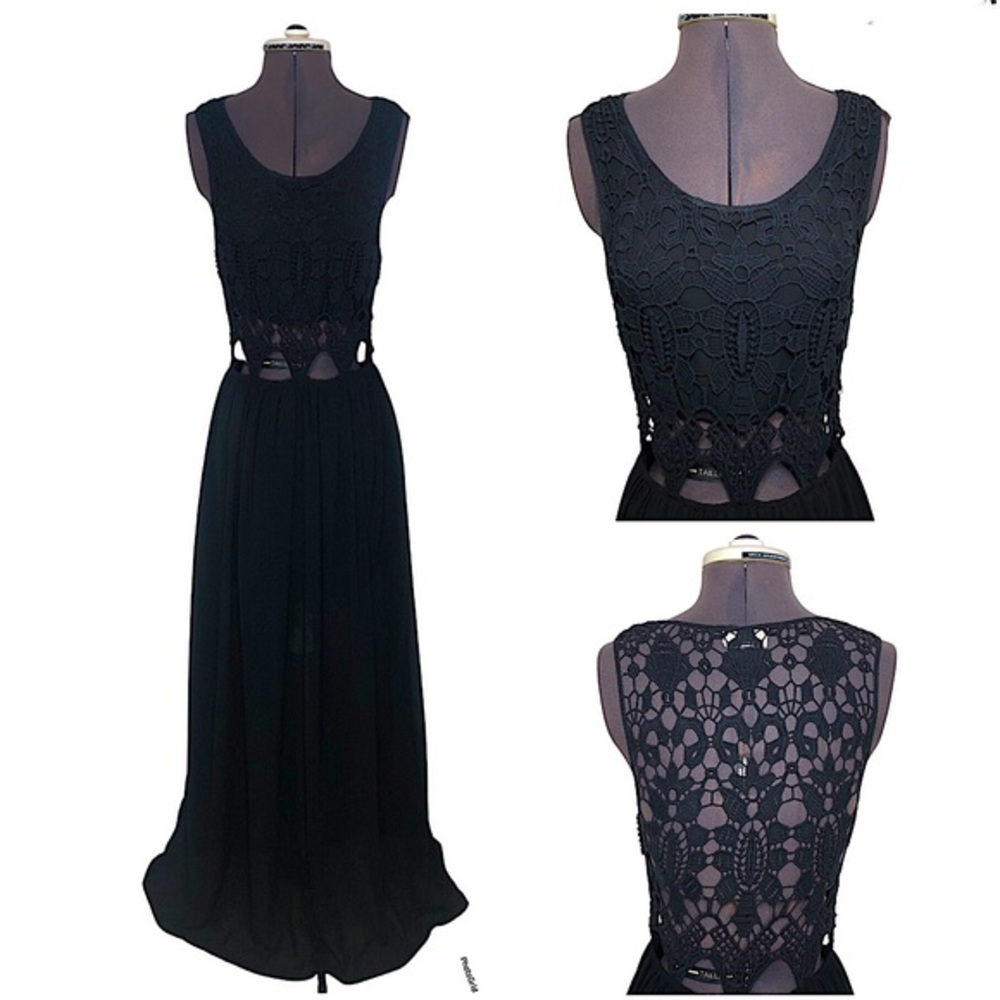 L’ATISTE BY AMY Black Crochet Sheer Side zíper Elastic Waist Maxi‎ Dress Size M